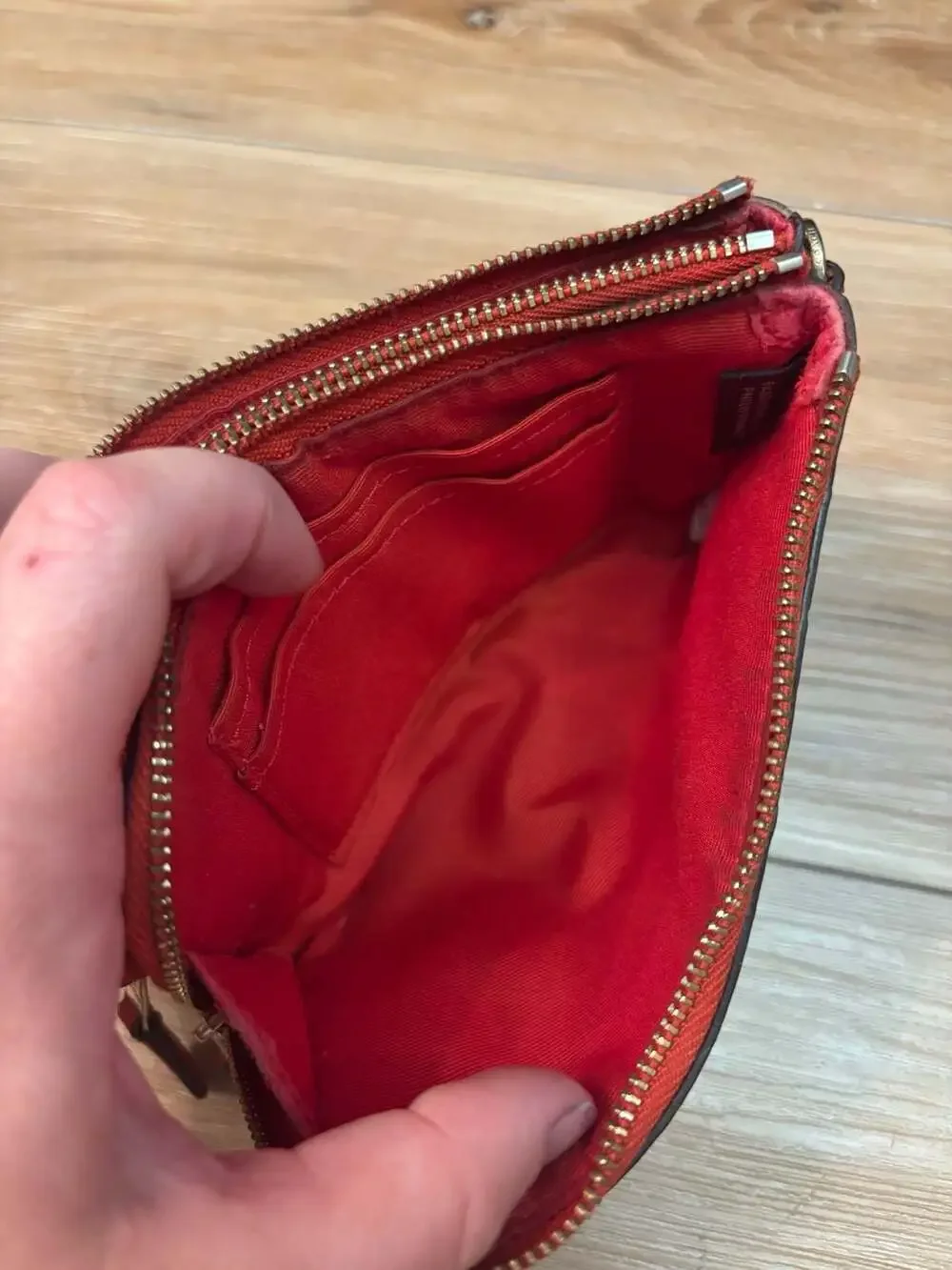 Coach Double Corner Zip Wristlet Wallet in Signature Canvas Brown and Red Trim